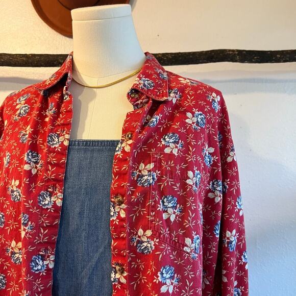 Vintage 90s Liz Claiborne Red Cotton Floral Button Front Shacket Size Large - Picture 2 of 9